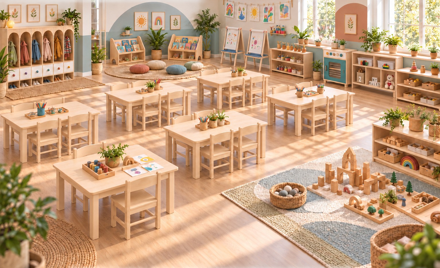 Early years classroom concept with child-sized furniture and play areas