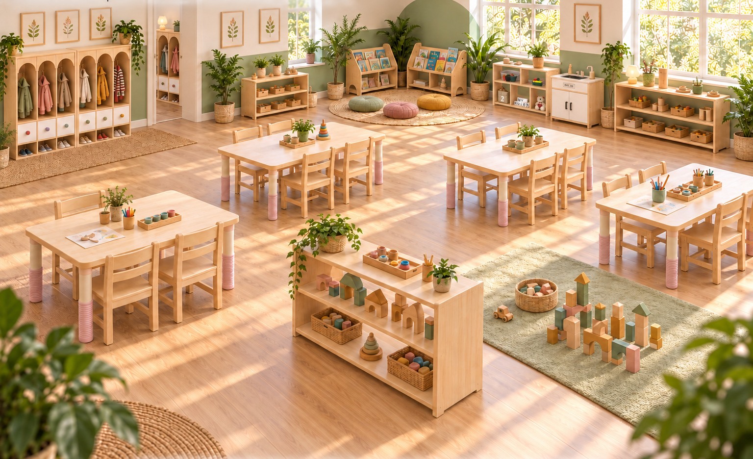 Concept classroom with natural wood furniture and welcoming learning areas