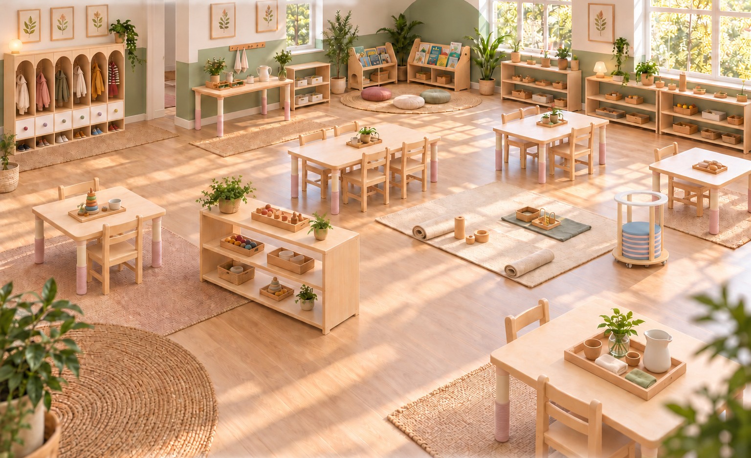 Montessori classroom concept with accessible shelving and work tables
